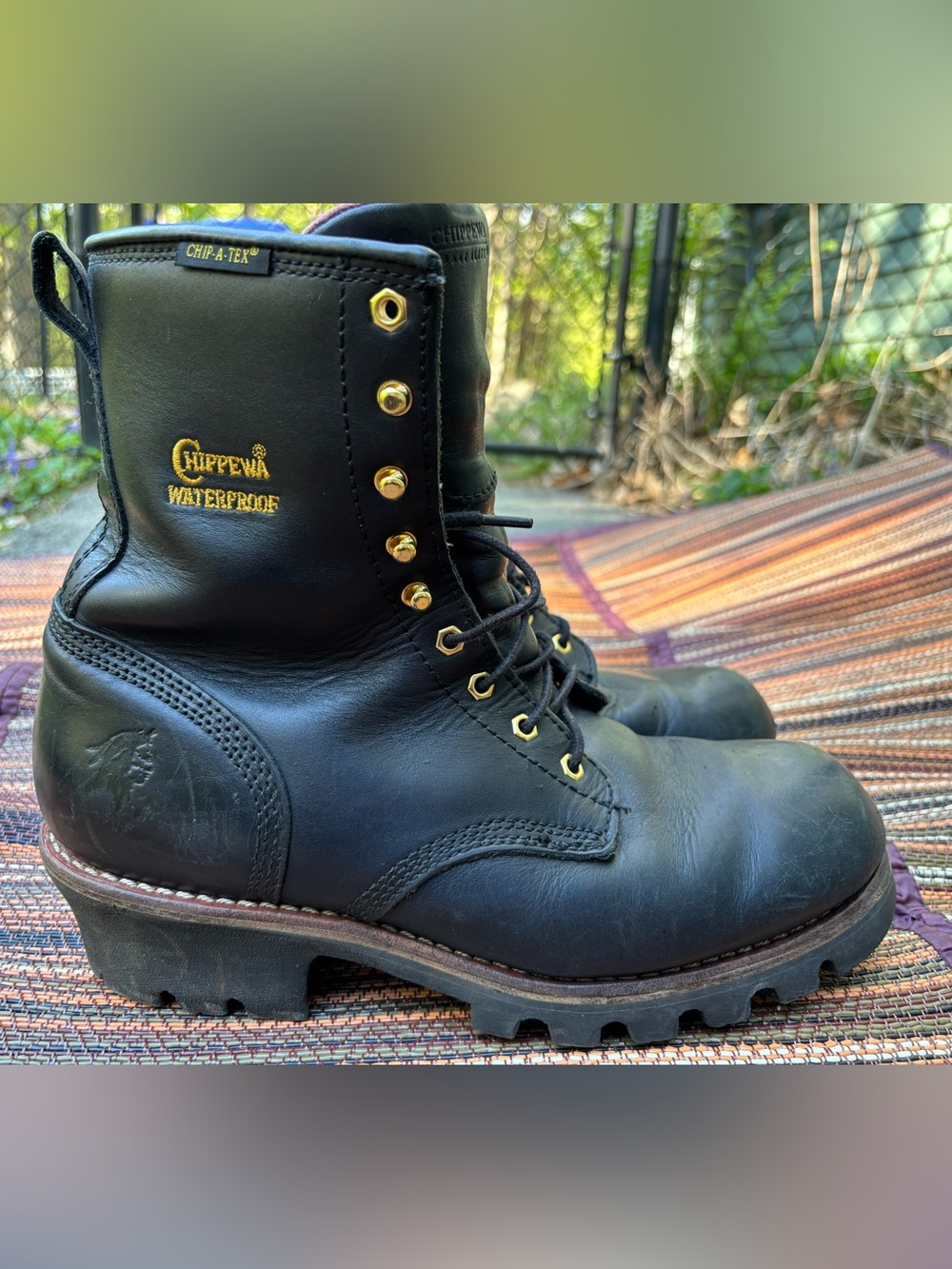 Chippewa Black Leather Waterproof Work Boots with Gold Eyelets